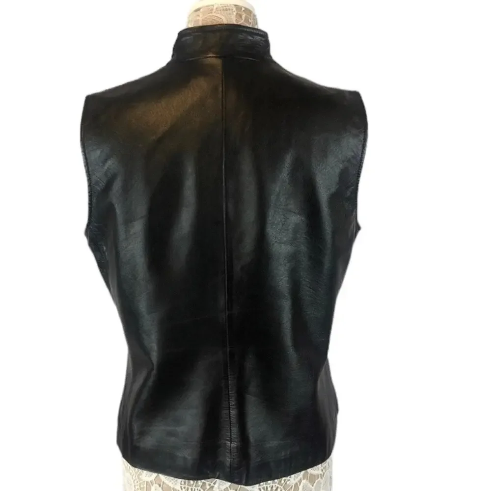 Vintage Mixit lambskin black leather lined V neck vest, zipper closing size 12T